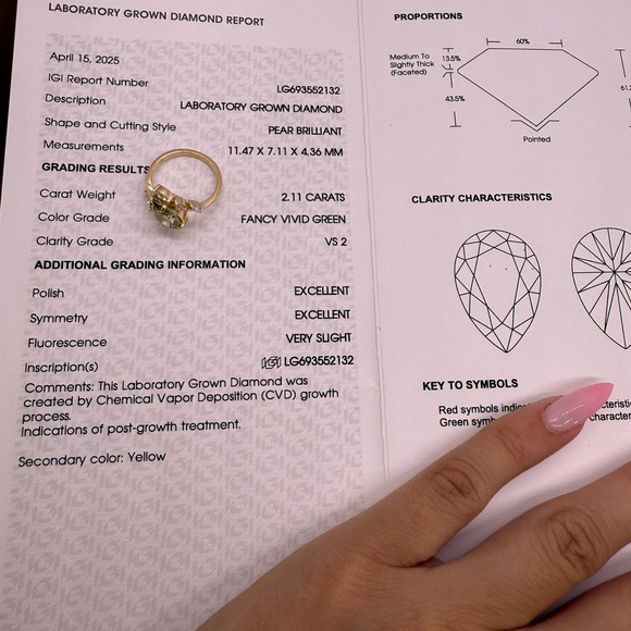 2.11 carat fancy vivid green VS2 pear diamond engagement ring leafy style - Picture 4 of 10